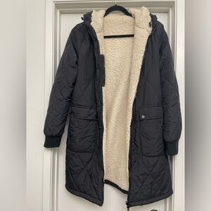 Love Tree Black Puffer Coat with Cream Fleece Lining